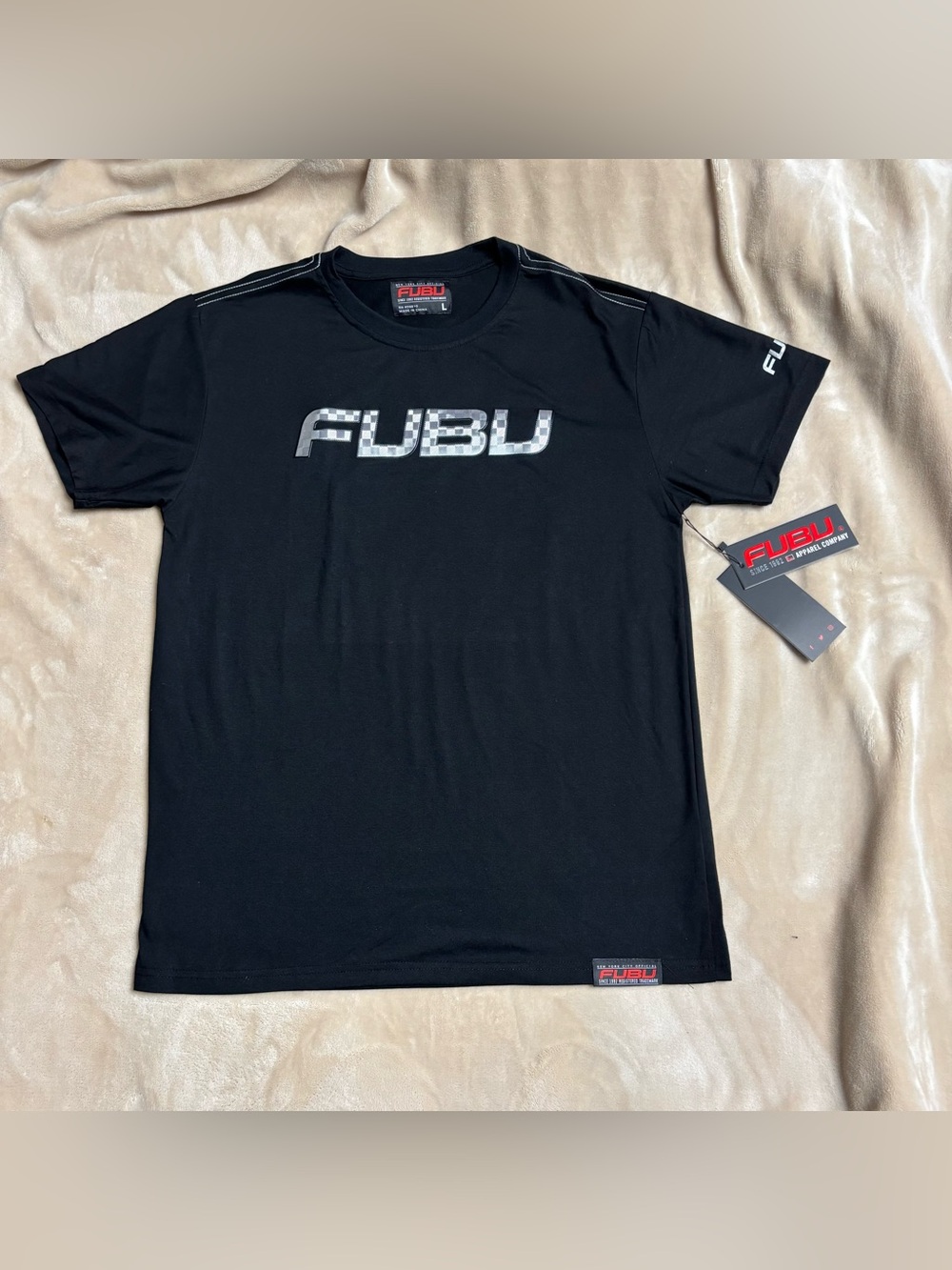 NWT FUBU Mens Graphic T-Shirt Black Size L Grid Logo Short Sleeve MSRP $78